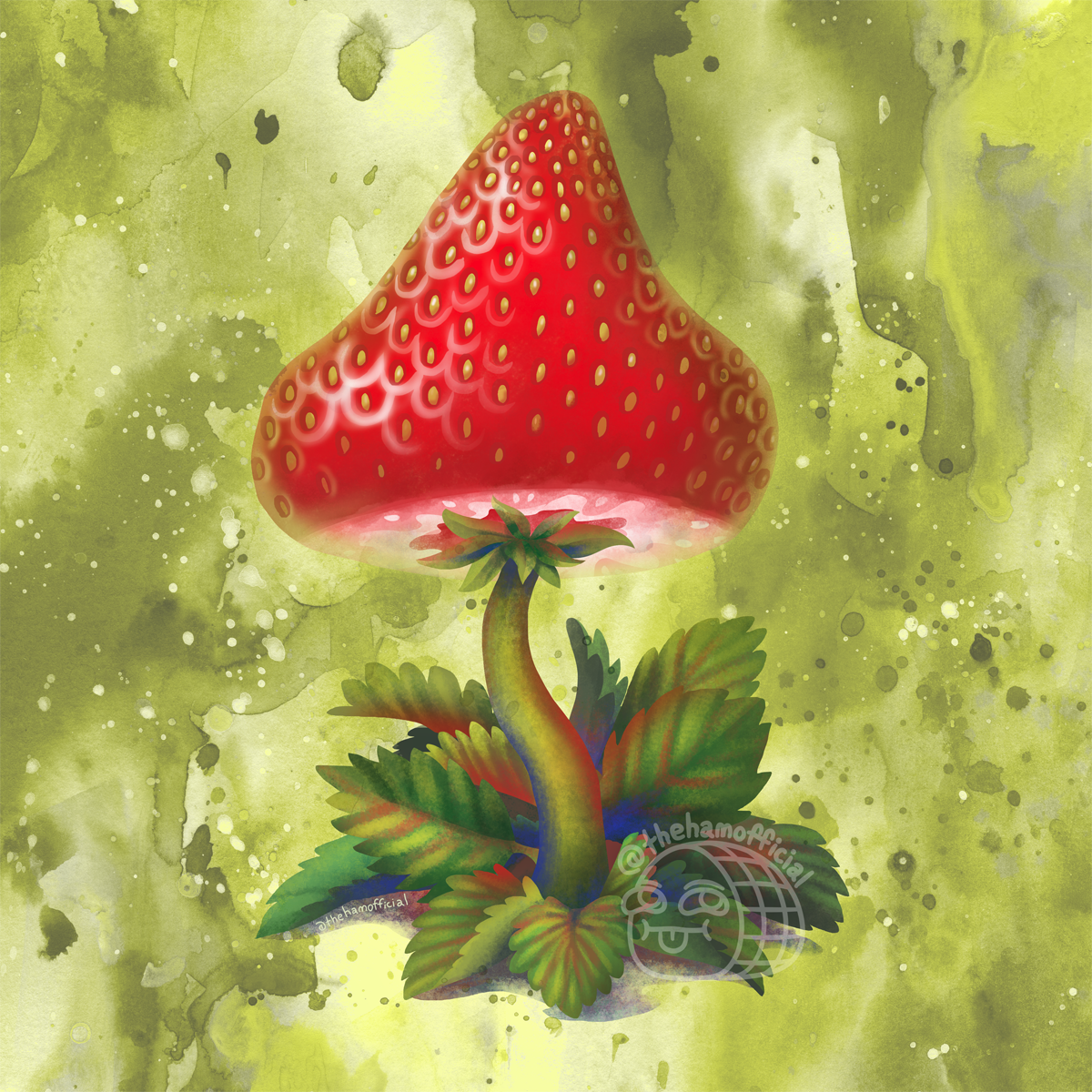 Illustration of a mushroom, BUT, the cap is an upside down strawberry. The leaves are strawberry shaped with a lot of blue and red colors all through it. The background is an abstract texturey watercolor