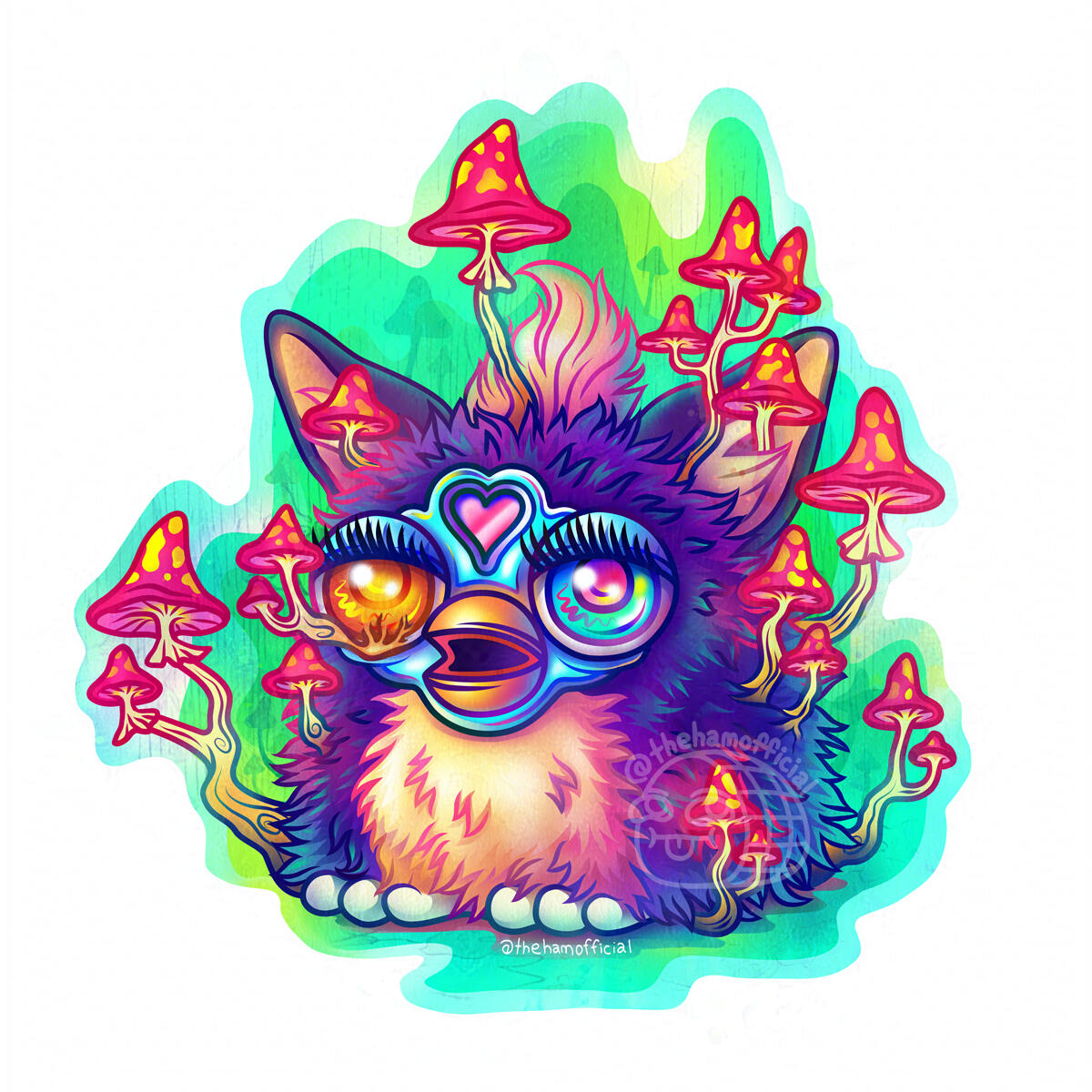 Digital painting of a parody of a certain nostalgic 2000's toy (small and furry with big ears and a beak). It has purple and yellow fur and is sprouting magenta and yellow mushrooms from all over its body. Its one iris is blank and filled with rooty mushro