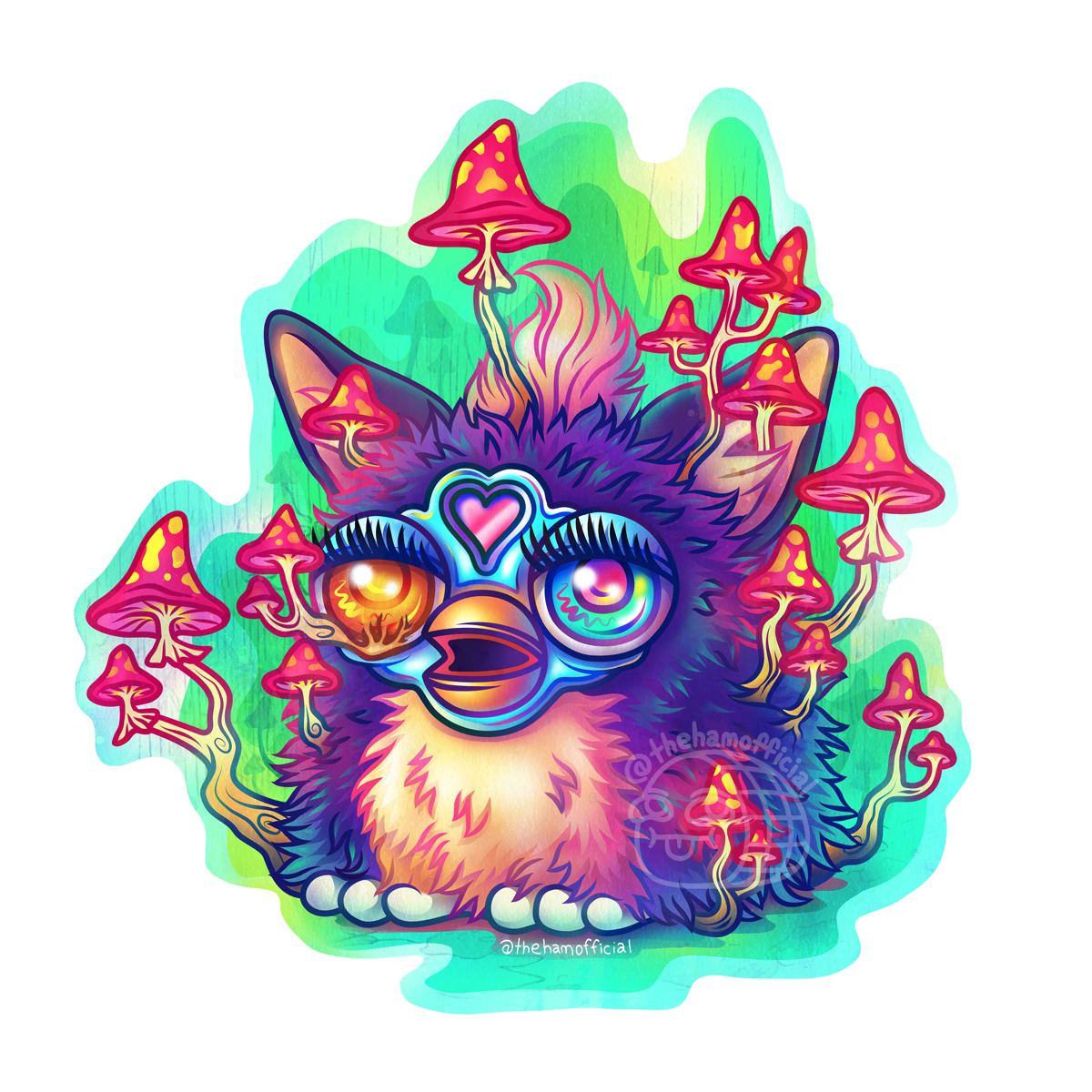 Digital painting of a parody of a certain nostalgic 2000's toy (small and furry with big ears and a beak). It has purple and yellow fur and is sprouting magenta and yellow mushrooms from all over its body. Its one iris is blank and filled with rooty mushro