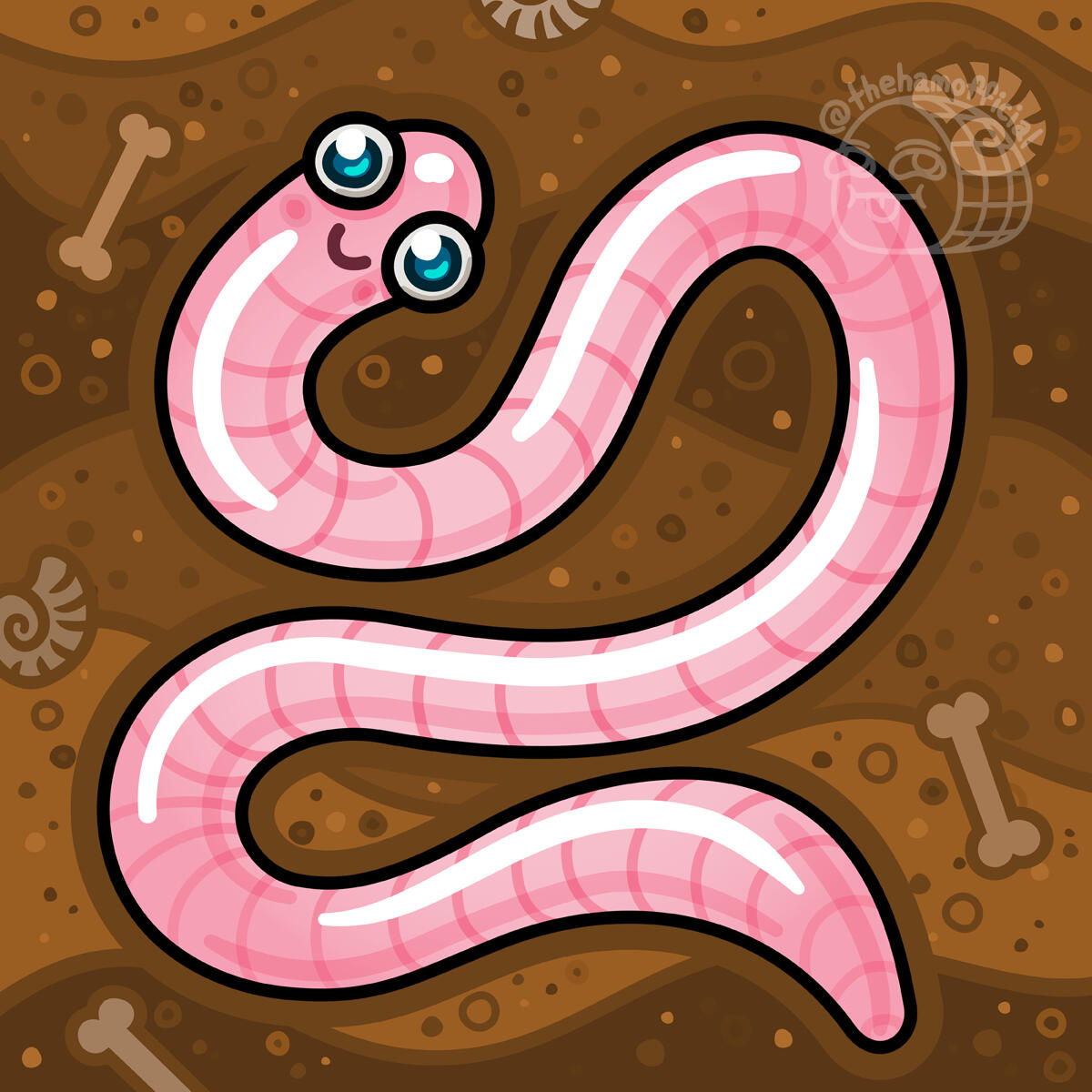 Cartoon of a wiggly worm in the dirt with a happy little face