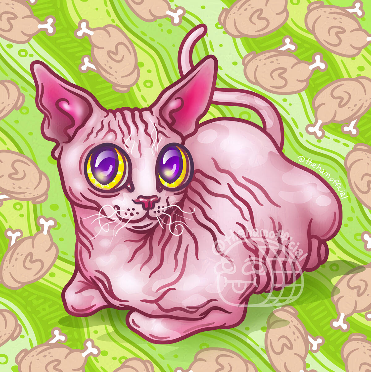Cartoon sphinx cat illustration. The cat is loafed with its legs under its body, the background is a bunch of abstract green wiggly shapes topped with roast chickens at all angles