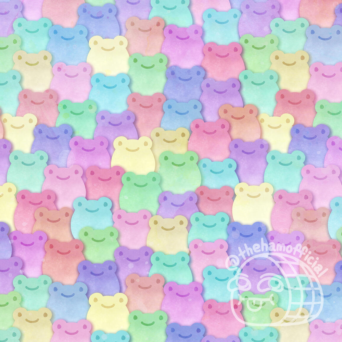 Illustration: seamless pattern of simple round frogs overlapping each other in rainbow colors